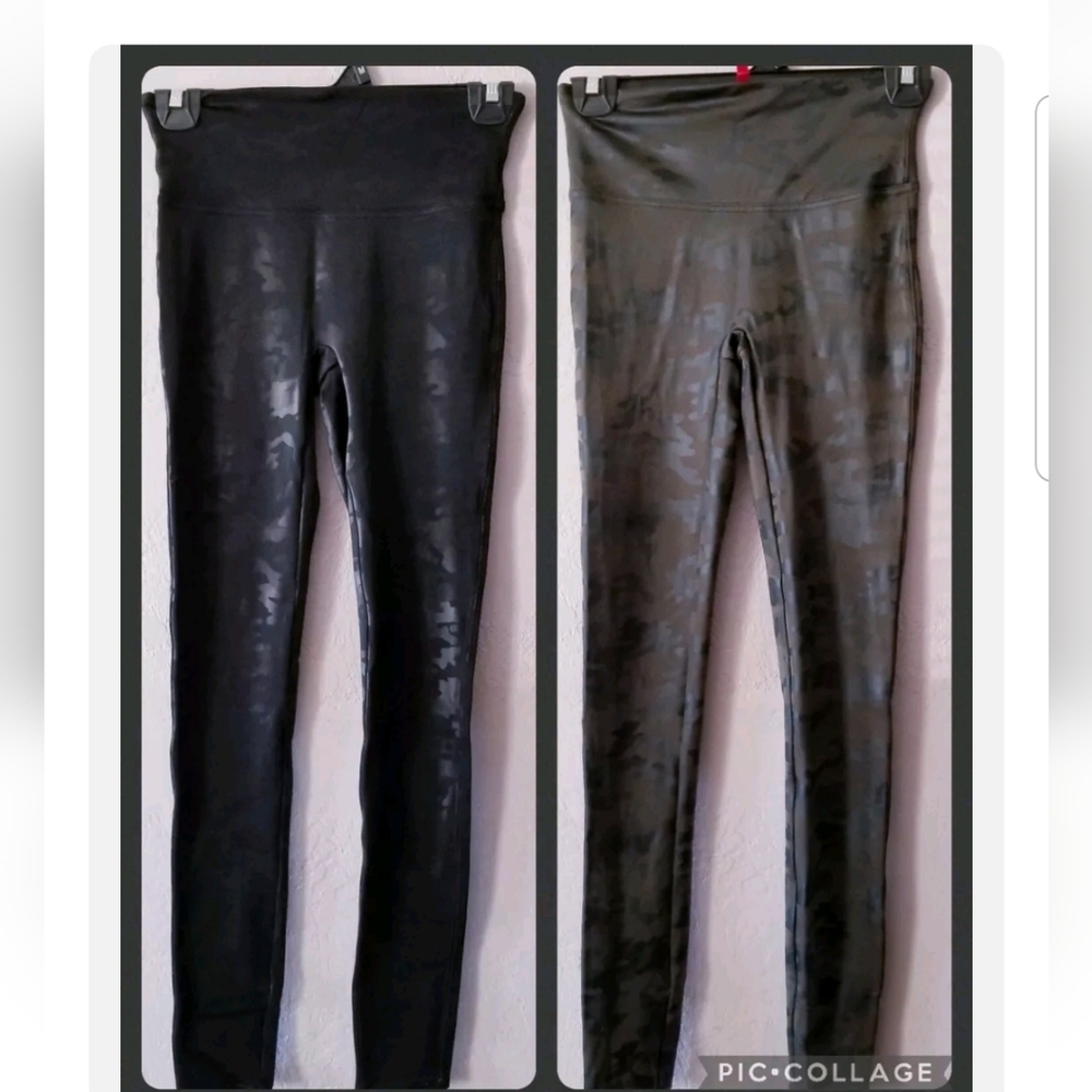 Spanx Womens Faux Leather Camo Leggings Casual set of 2 black olive S small